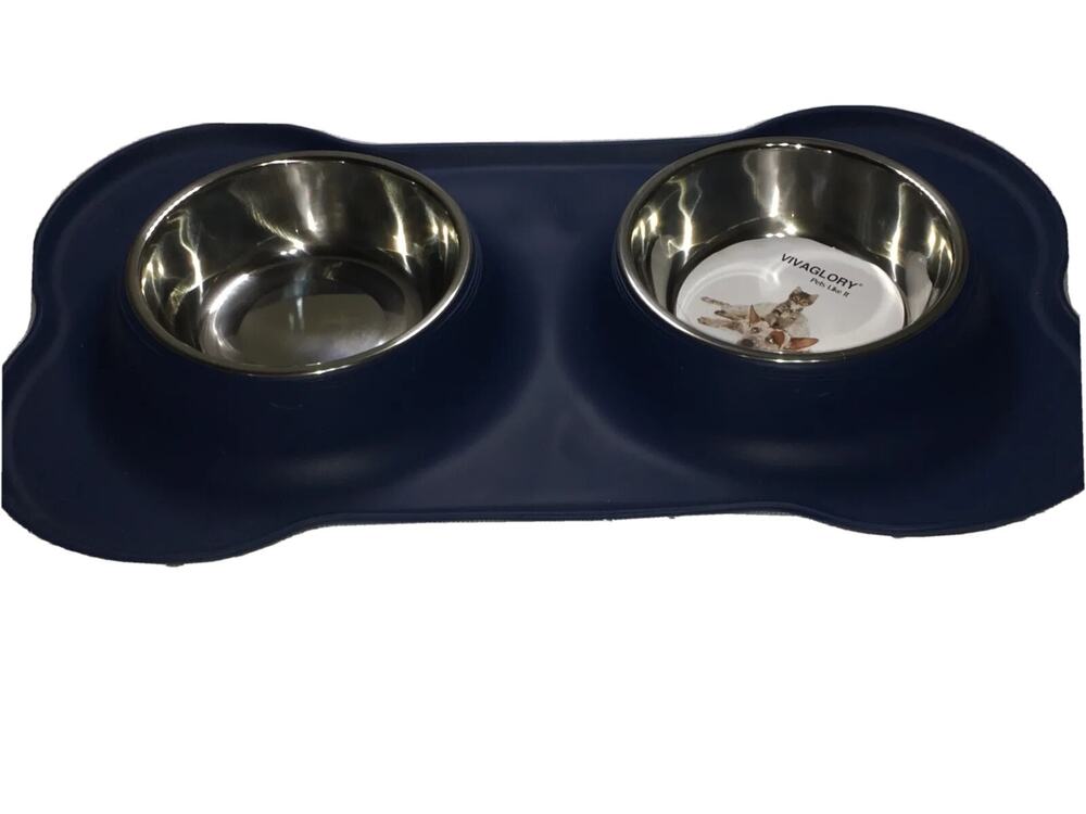 Vivaglory Dog Stainless Steel Water & Food Bowl Pet Cat Feeder With Silicone Mat